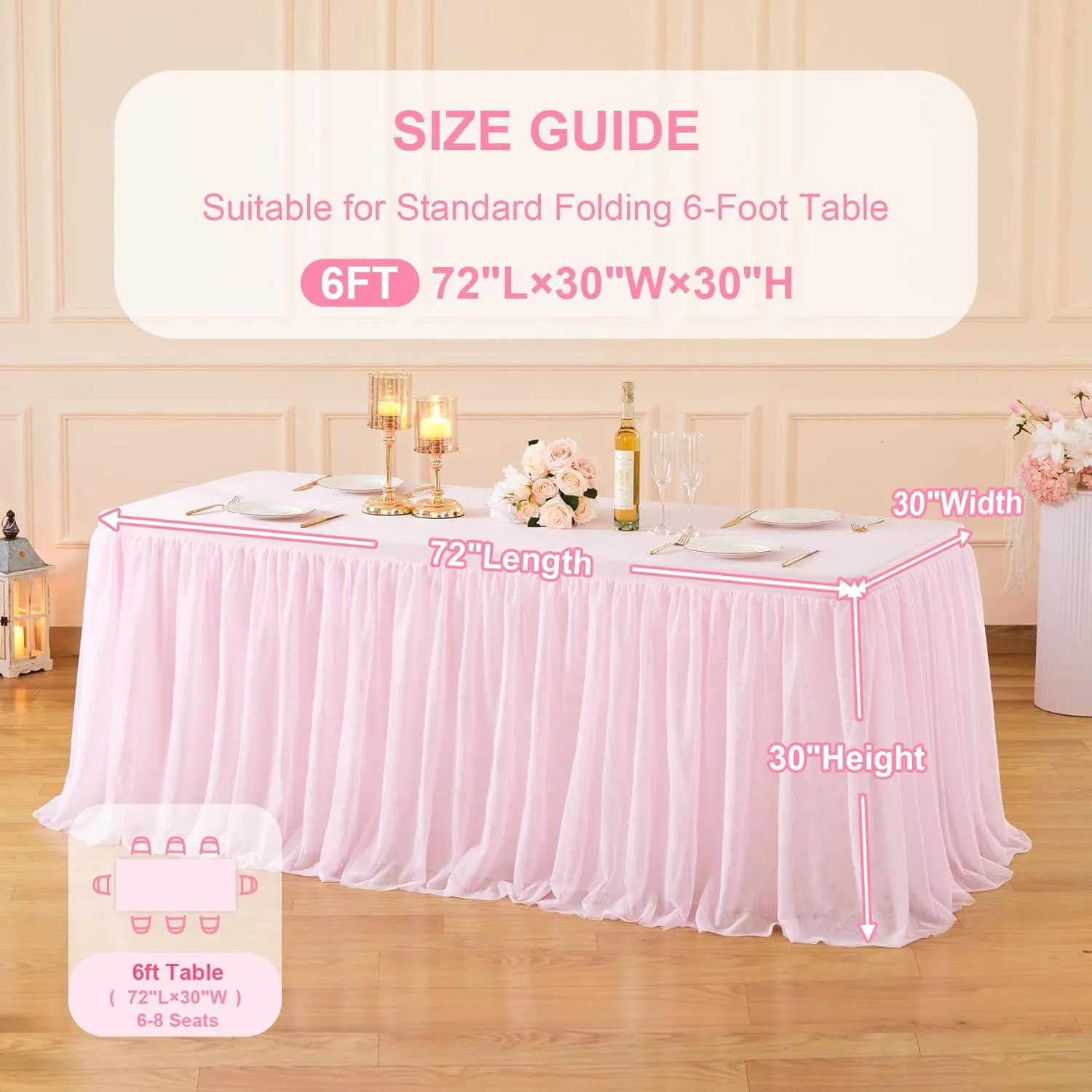 1 Pack Pink Table Cloth for Rectangle Tables, 6FT Tulle Table Skirt Stretch Fitted Tablecloth, Wrinkle Free Ruffle Tutu Table Cover for Girls Birthday Party Wedding Baby Bridal Shower Cake