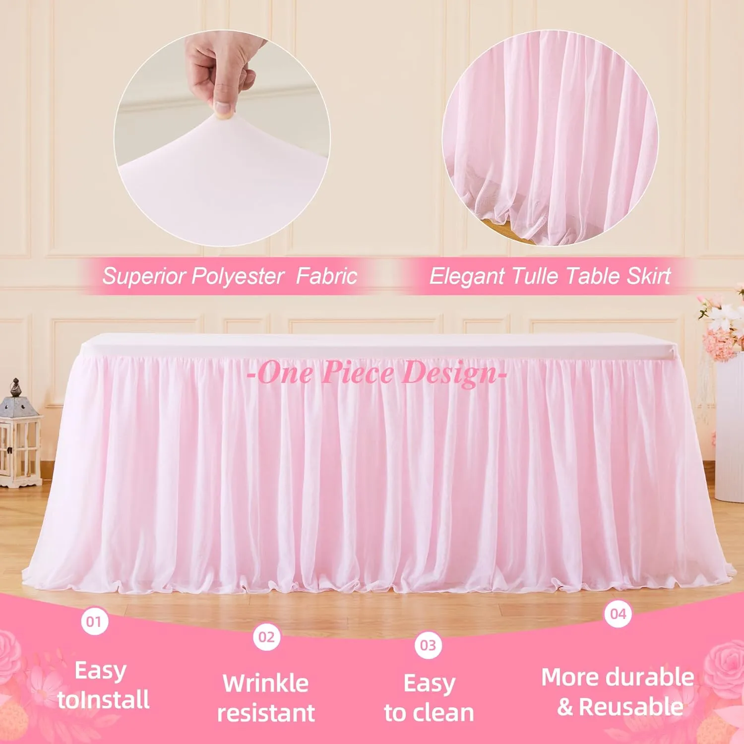 1 Pack Pink Table Cloth for Rectangle Tables, 6FT Tulle Table Skirt Stretch Fitted Tablecloth, Wrinkle Free Ruffle Tutu Table Cover for Girls Birthday Party Wedding Baby Bridal Shower Cake