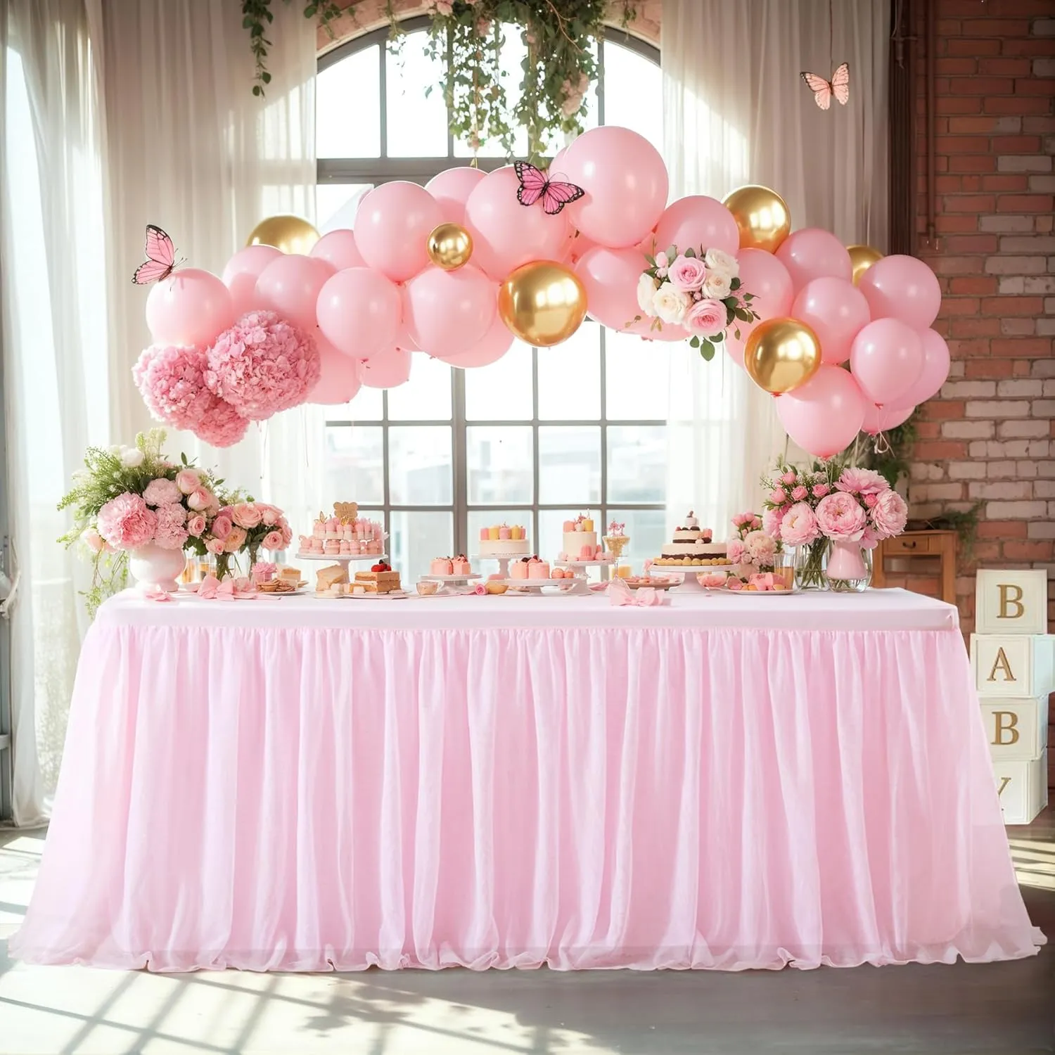 1 Pack Pink Table Cloth for Rectangle Tables, 6FT Tulle Table Skirt Stretch Fitted Tablecloth, Wrinkle Free Ruffle Tutu Table Cover for Girls Birthday Party Wedding Baby Bridal Shower Cake