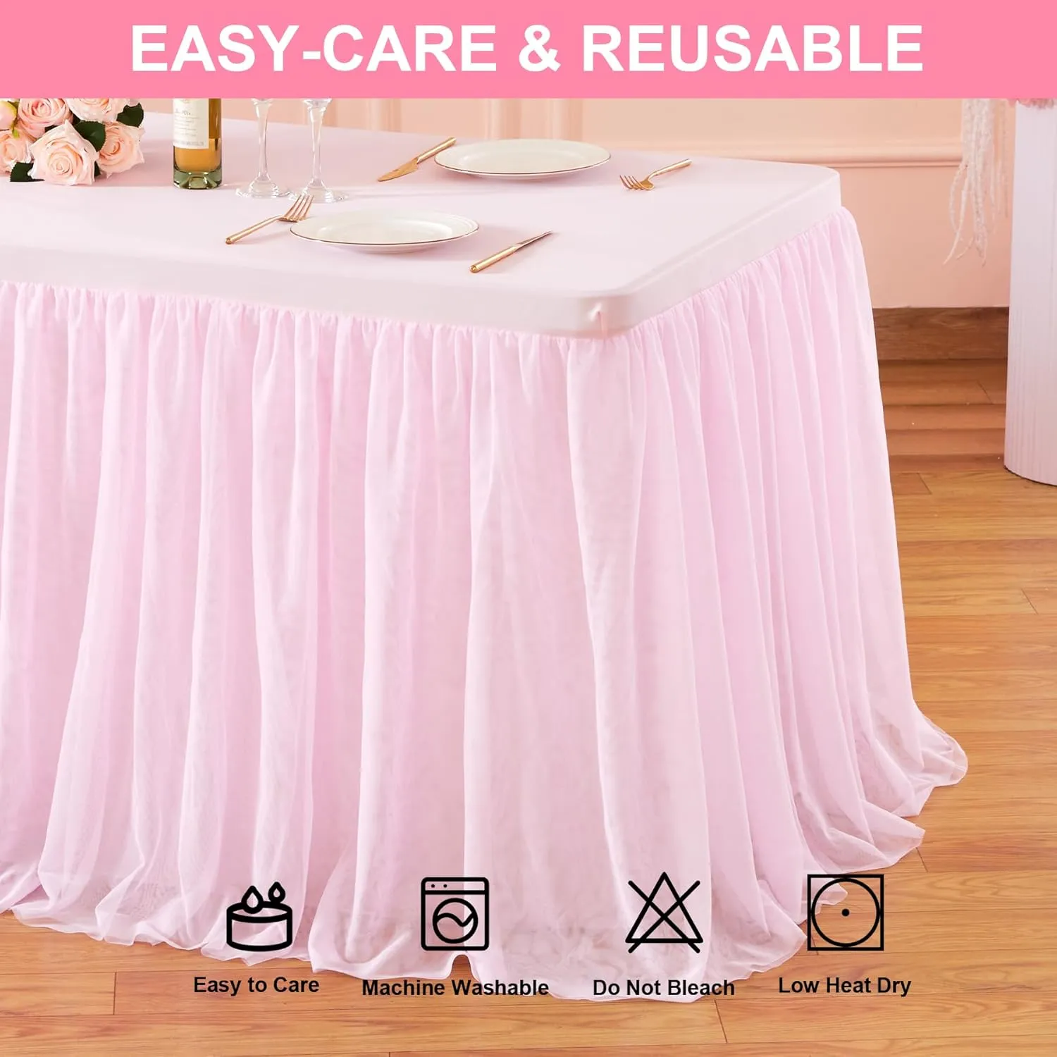 1 Pack Pink Table Cloth for Rectangle Tables, 6FT Tulle Table Skirt Stretch Fitted Tablecloth, Wrinkle Free Ruffle Tutu Table Cover for Girls Birthday Party Wedding Baby Bridal Shower Cake
