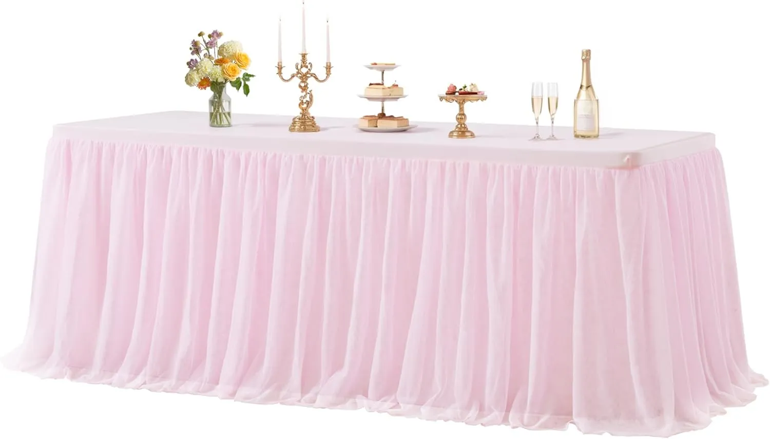 1 Pack Pink Table Cloth for Rectangle Tables, 6FT Tulle Table Skirt Stretch Fitted Tablecloth, Wrinkle Free Ruffle Tutu Table Cover for Girls Birthday Party Wedding Baby Bridal Shower Cake