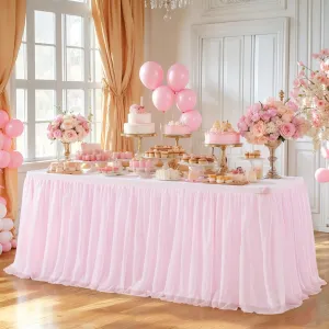 1 Pack Pink Table Cloth for Rectangle Tables, 6FT Tulle Table Skirt Stretch Fitted Tablecloth, Wrinkle Free Ruffle Tutu Table Cover for Girls Birthday Party Wedding Baby Bridal Shower Cake