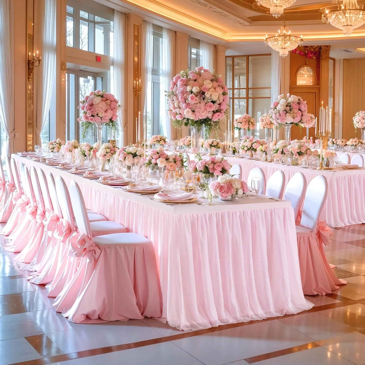 1 Pack Pink Table Cloth for Rectangle Tables, 6FT Tulle Table Skirt Stretch Fitted Tablecloth, Wrinkle Free Ruffle Tutu Table Cover for Girls Birthday Party Wedding Baby Bridal Shower Cake