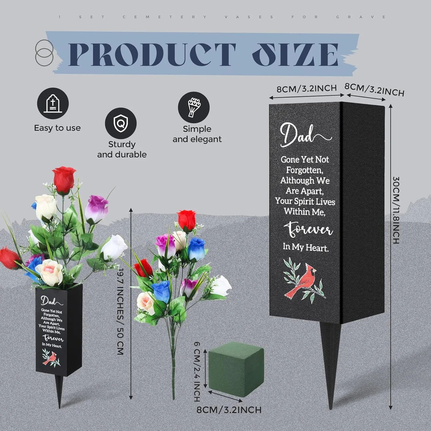 1 Set 3 Pcs Cemetery Vases for Grave Father's Day Metal Grave Vase with Artificial Flowers and Foam Memorial Flower Holder Decorations with Thoughtful Words for Lawn Yard Outdoor(Dad)