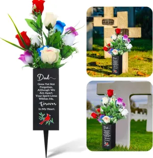 1 Set 3 Pcs Cemetery Vases for Grave Father's Day Metal Grave Vase with Artificial Flowers and Foam Memorial Flower Holder Decorations with Thoughtful Words for Lawn Yard Outdoor(Dad)