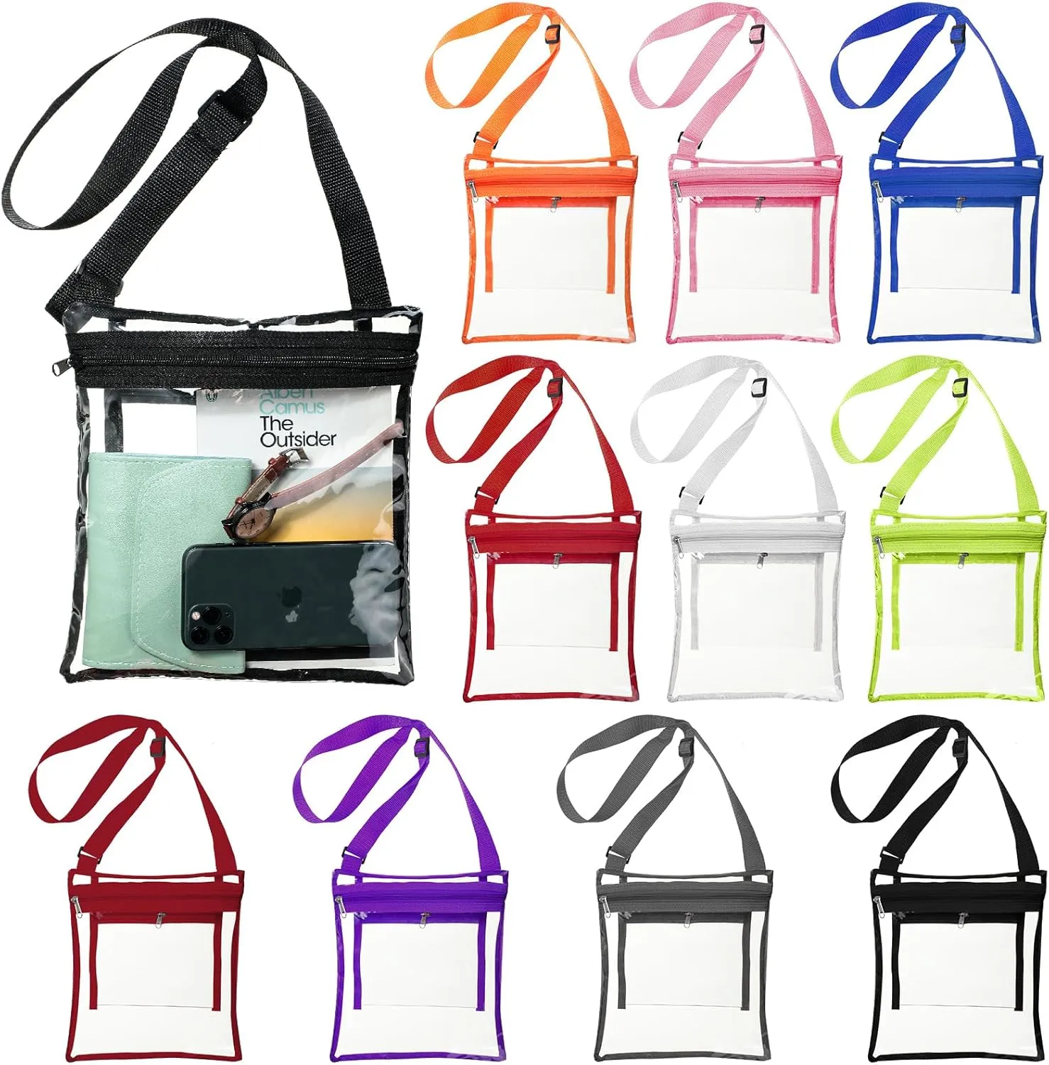 10 Pcs Transparent Bag Stadium Approved Crossbody Bag See Through Vinyl Transparent Crossbody Purse Clear Handbag with Inner Pocket and Adjustable Strap for Concerts Sports Events Festivals, 10 Color