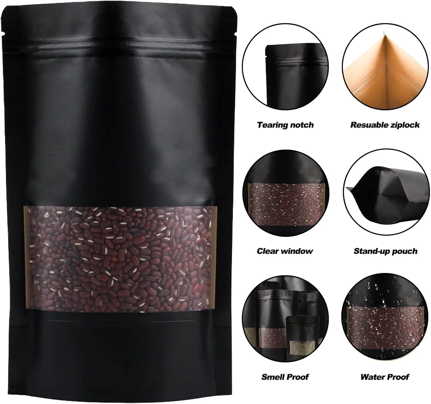 100 Pack Resealable Stand-up Storage Bags With Clear Window, Scratch Resistant (Black, 710 Inch)
