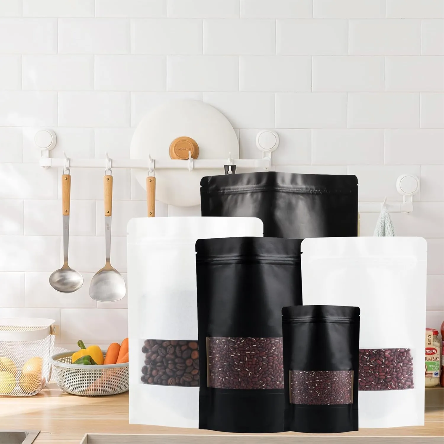 100 Pack Resealable Stand-up Storage Bags With Clear Window, Scratch Resistant (Black, 710 Inch)