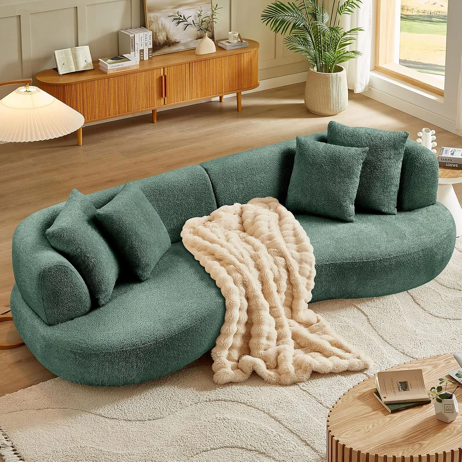 102.3'' Modern Luxury Oversized Curved Combination Sofa Comfortable Fabric Terry Sofas Tight Curved Back Sofa for Living Room Bedroom Office Apartment (Green, 102.3'')