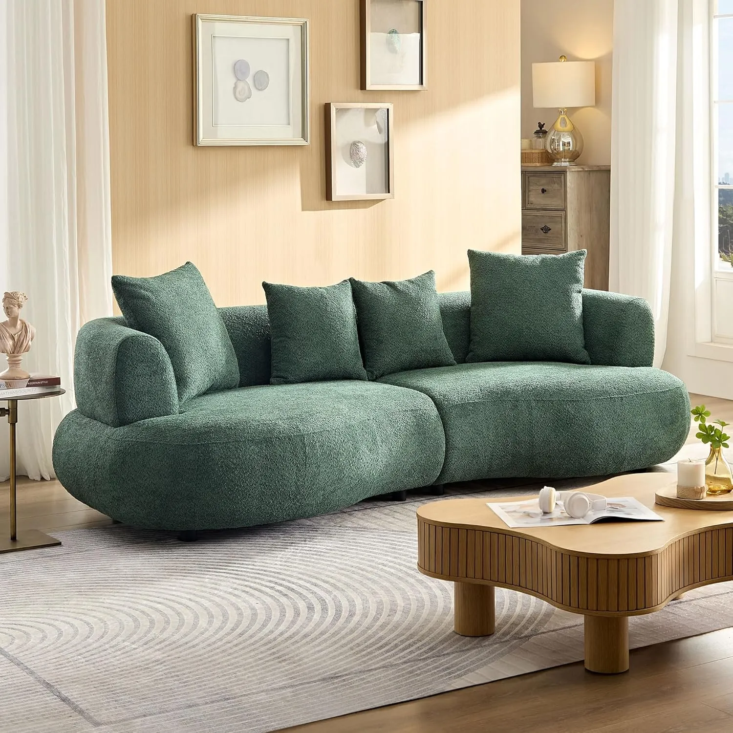 102.3'' Modern Luxury Oversized Curved Combination Sofa Comfortable Fabric Terry Sofas Tight Curved Back Sofa for Living Room Bedroom Office Apartment (Green, 102.3'')
