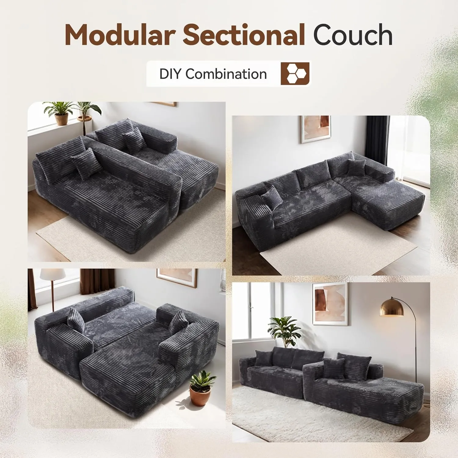 104" Cloud Sectional Couch with Comfy Chaise, Boneless L Shape Sofa with Deep Seat, Minimalist Modular Couches Sleeper for Living Room Bedroom Apartment Lounge,Gray