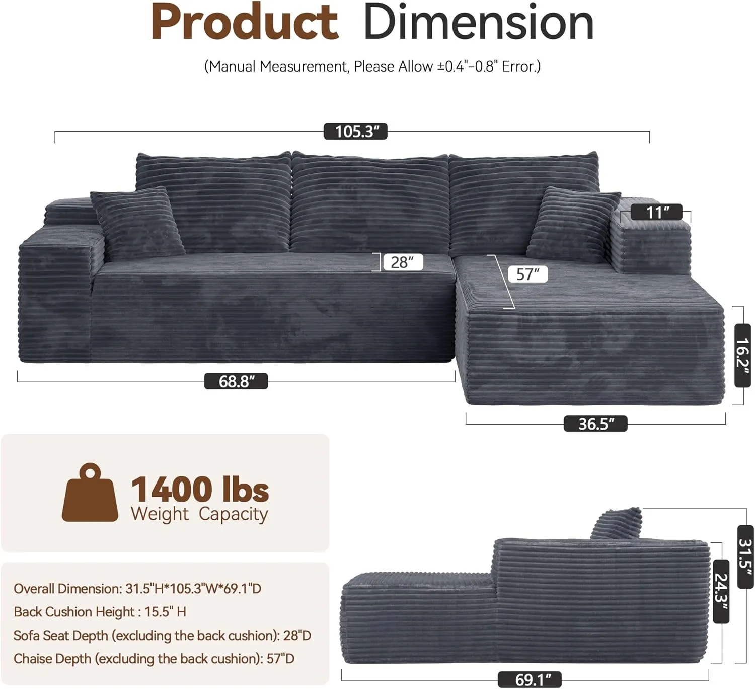 104" Cloud Sectional Couch with Comfy Chaise, Boneless L Shape Sofa with Deep Seat, Minimalist Modular Couches Sleeper for Living Room Bedroom Apartment Lounge,Gray