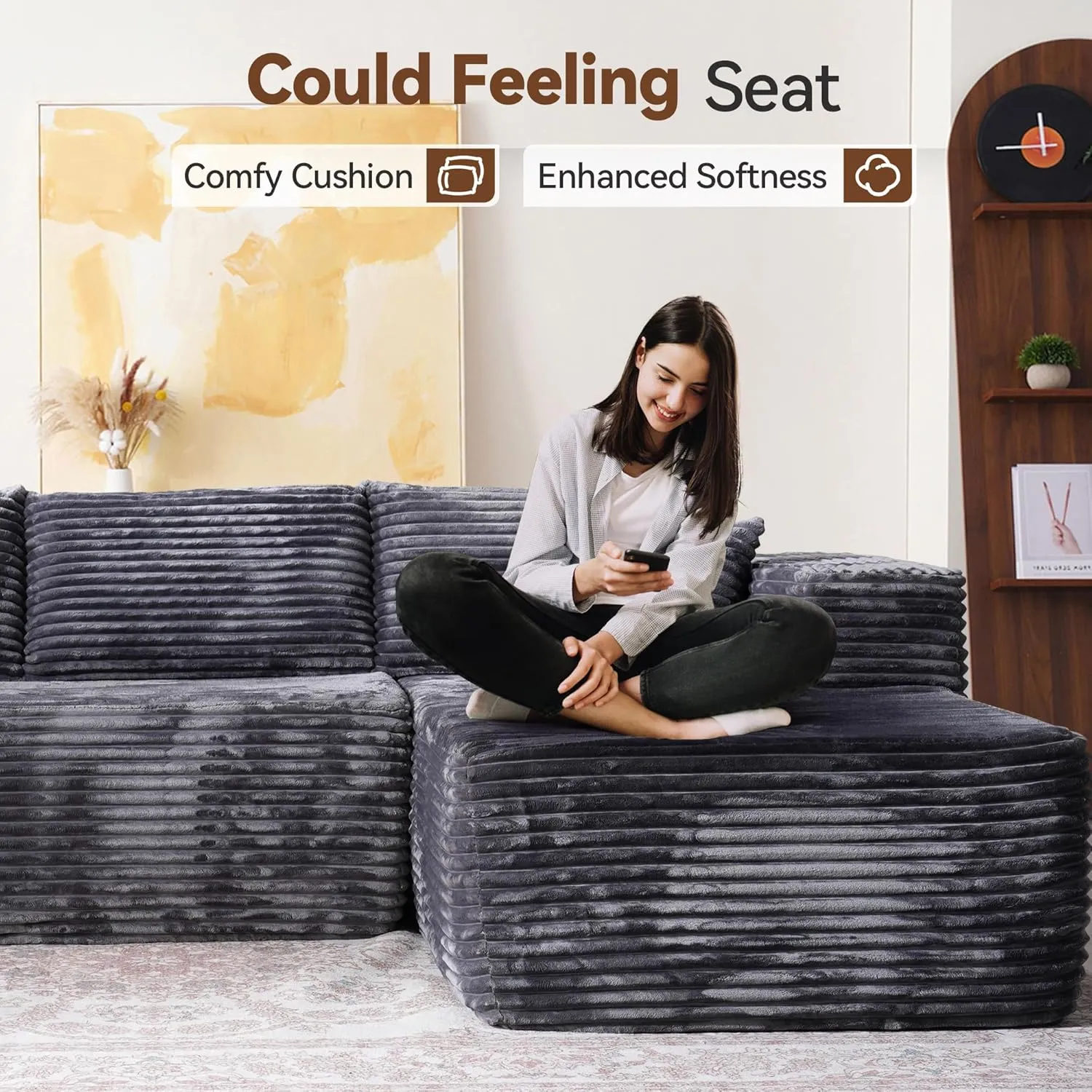 104" Cloud Sectional Couch with Comfy Chaise, Boneless L Shape Sofa with Deep Seat, Minimalist Modular Couches Sleeper for Living Room Bedroom Apartment Lounge,Gray