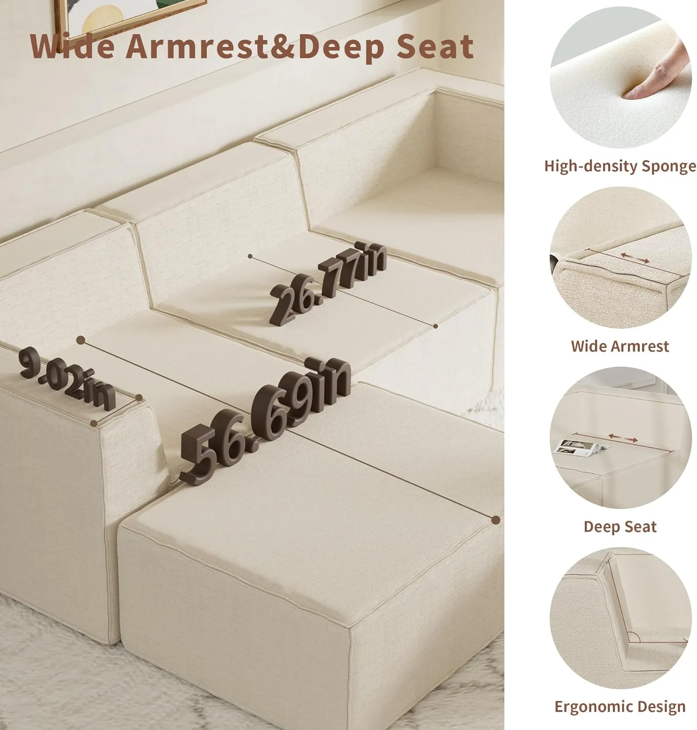 106” Modular Sectional Couch with Chaise, Cloud Modular Sectional Sofa with Deep Seat, L-Shape Compressed Foam Boneless Sofa for Living Room, Bedroom, Office, No Assembly Required, Beige