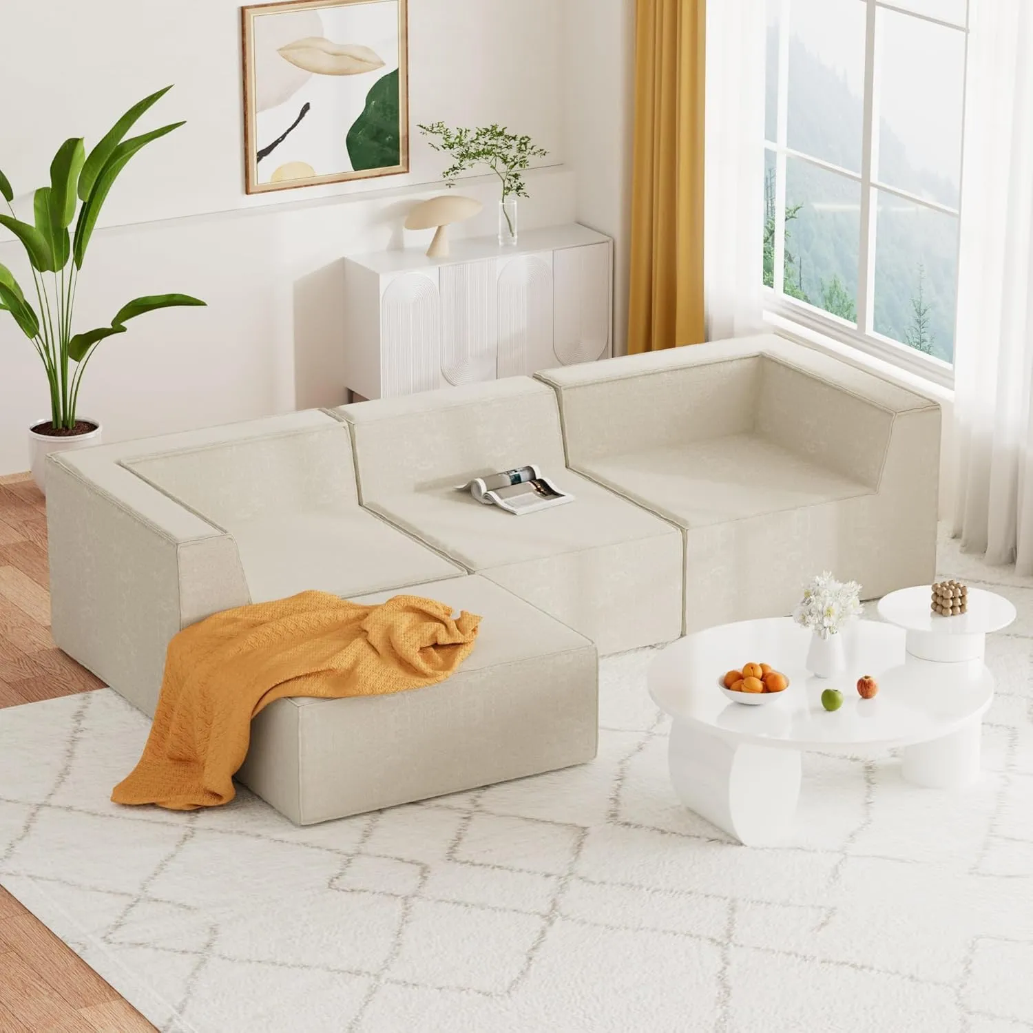 106” Modular Sectional Couch with Chaise, Cloud Modular Sectional Sofa with Deep Seat, L-Shape Compressed Foam Boneless Sofa for Living Room, Bedroom, Office, No Assembly Required, Beige