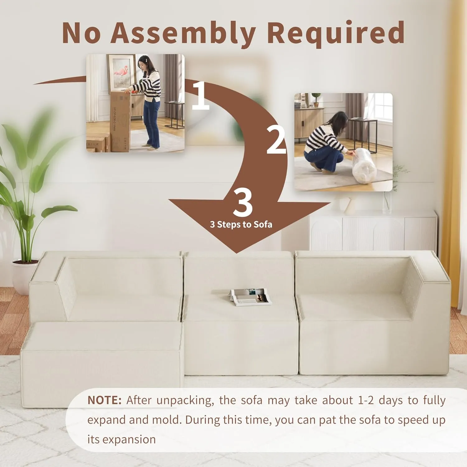 106” Modular Sectional Couch with Chaise, Cloud Modular Sectional Sofa with Deep Seat, L-Shape Compressed Foam Boneless Sofa for Living Room, Bedroom, Office, No Assembly Required, Beige