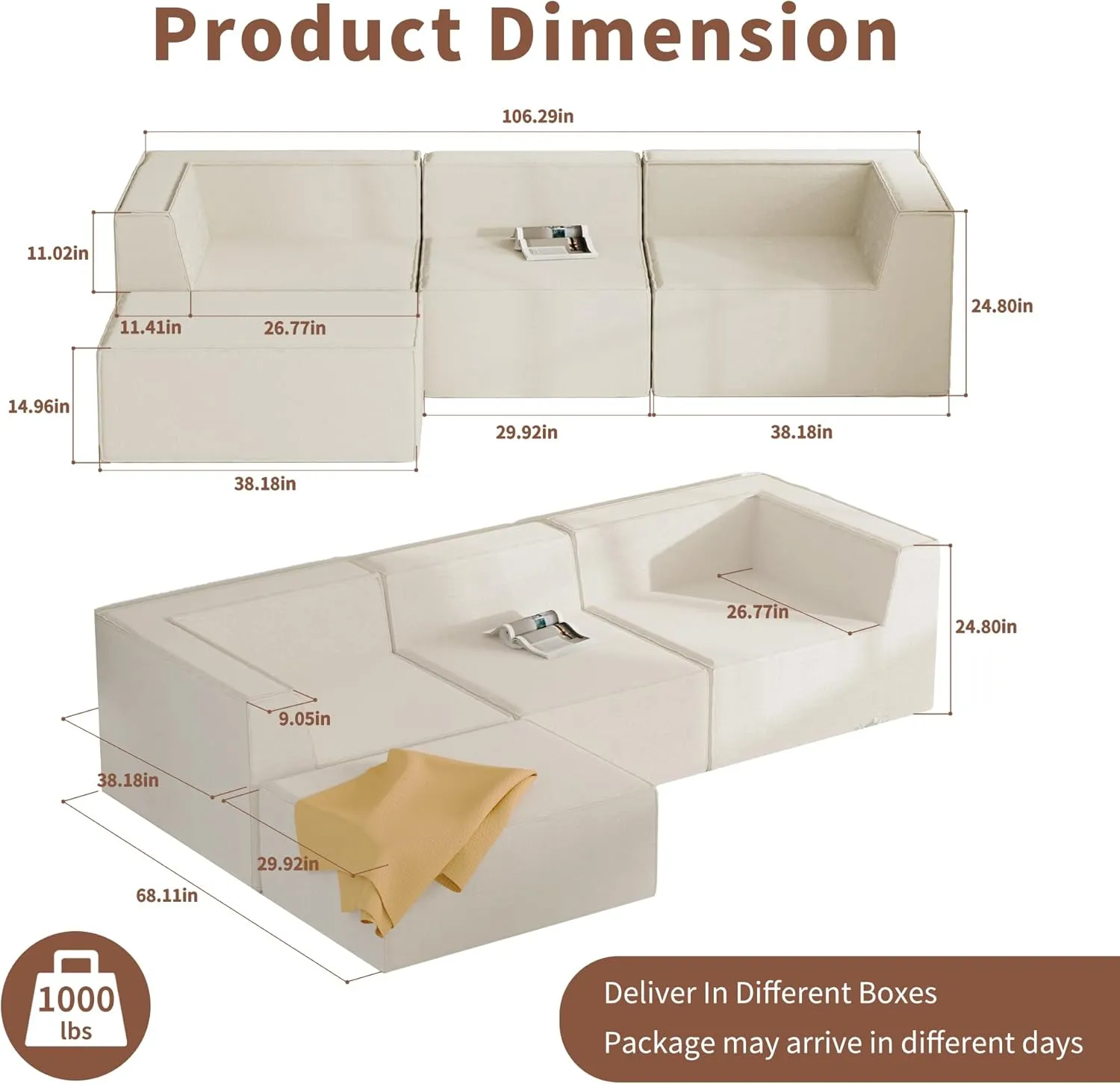 106” Modular Sectional Couch with Chaise, Cloud Modular Sectional Sofa with Deep Seat, L-Shape Compressed Foam Boneless Sofa for Living Room, Bedroom, Office, No Assembly Required, Beige