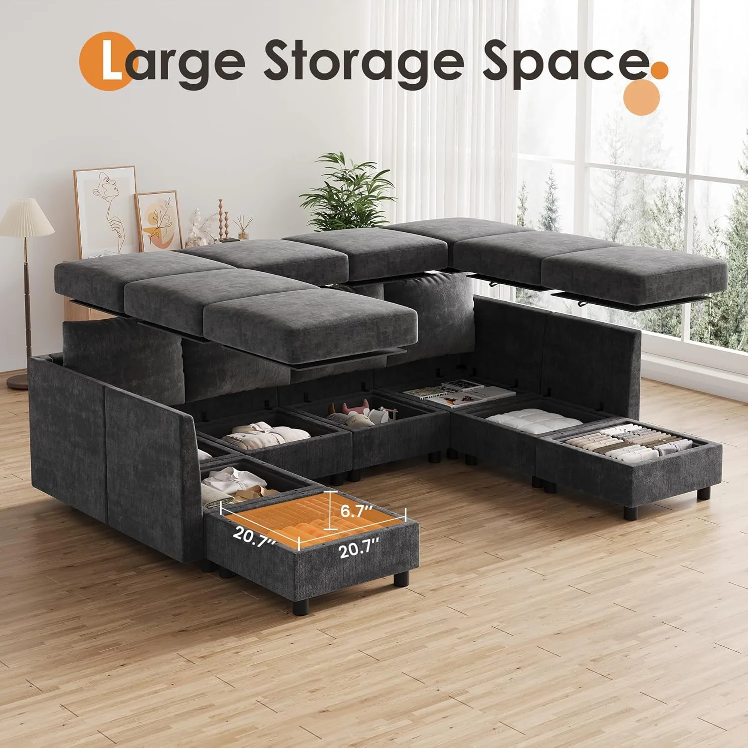 106'' Modular Sectional Sleeper Sofa Set, 8 Seats Sleeper Couch with Storage, U Shaped Sofa with USB Charging Port, Modern Comfy Chenille Couch for Living Room, Dark Grey