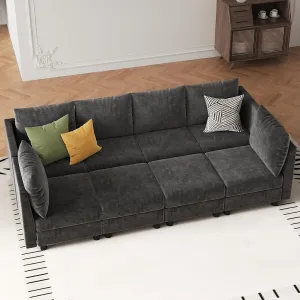 106'' Modular Sectional Sleeper Sofa Set, 8 Seats Sleeper Couch with Storage, U Shaped Sofa with USB Charging Port, Modern Comfy Chenille Couch for Living Room, Dark Grey