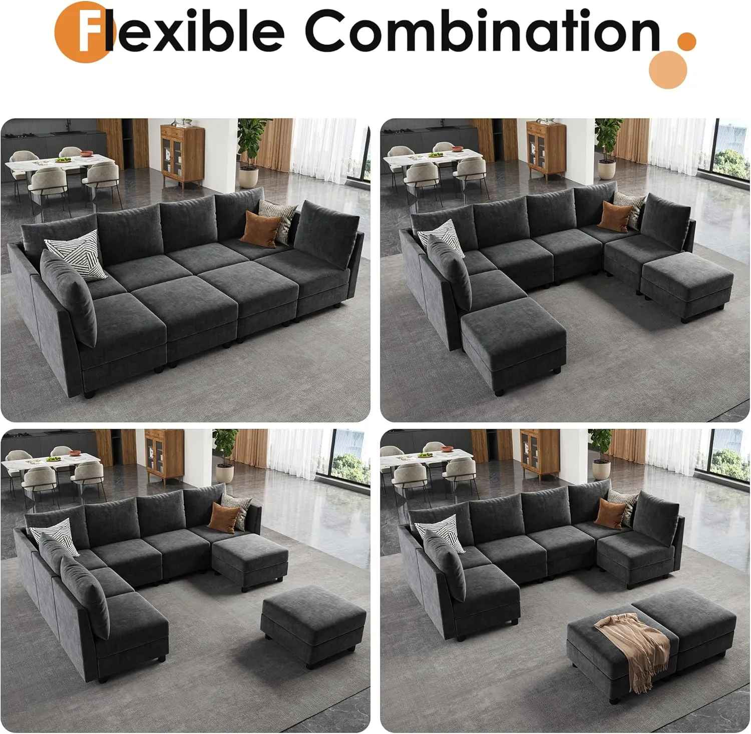 106'' Modular Sectional Sleeper Sofa Set, 8 Seats Sleeper Couch with Storage, U Shaped Sofa with USB Charging Port, Modern Comfy Chenille Couch for Living Room, Dark Grey