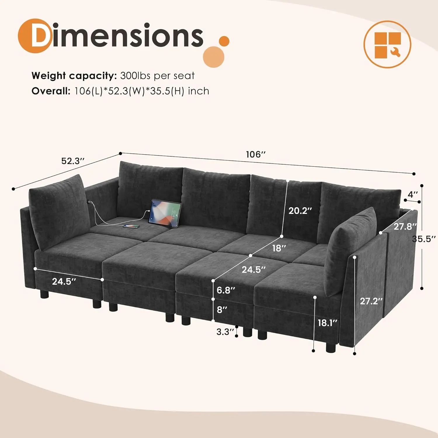 106'' Modular Sectional Sleeper Sofa Set, 8 Seats Sleeper Couch with Storage, U Shaped Sofa with USB Charging Port, Modern Comfy Chenille Couch for Living Room, Dark Grey