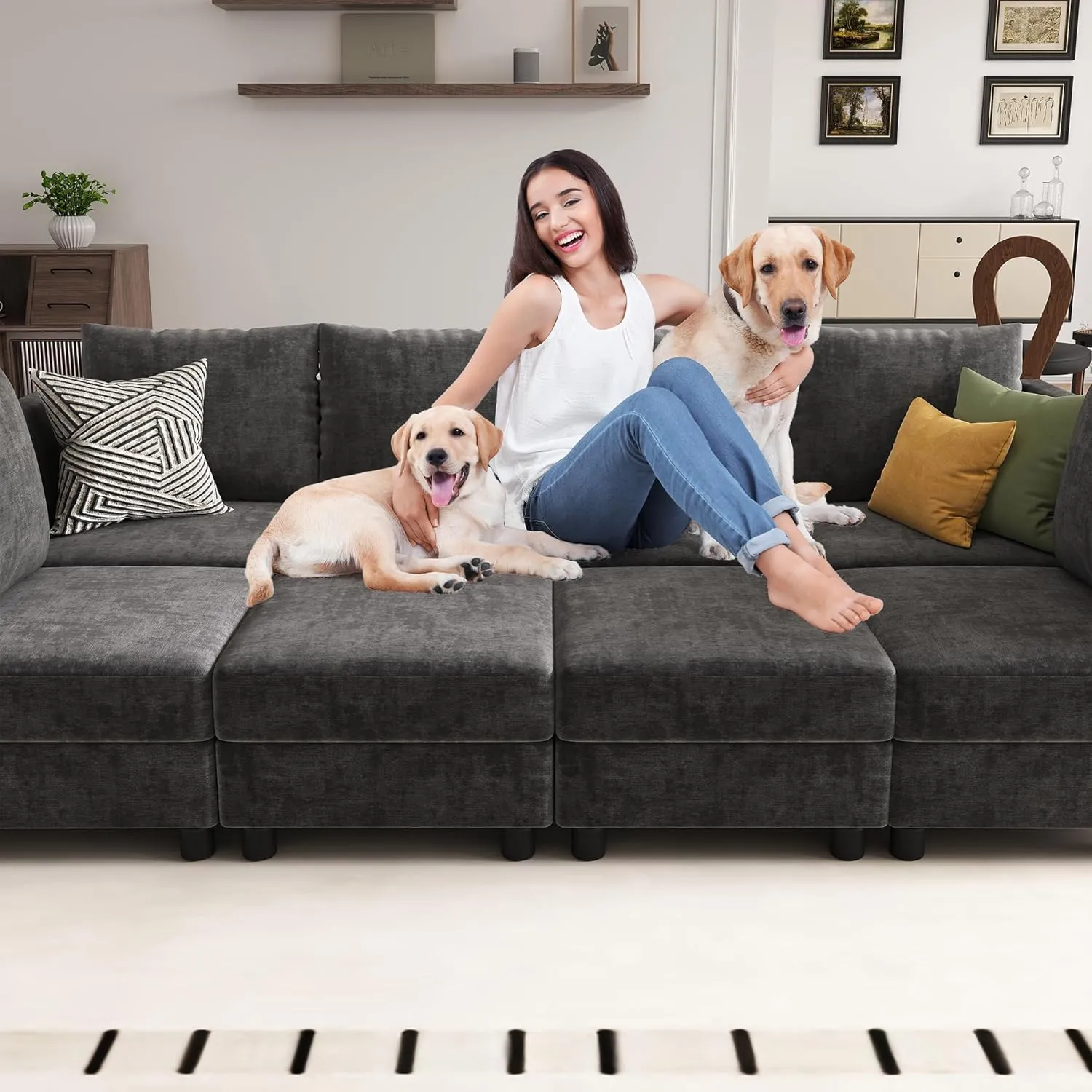 106'' Modular Sectional Sleeper Sofa Set, 8 Seats Sleeper Couch with Storage, U Shaped Sofa with USB Charging Port, Modern Comfy Chenille Couch for Living Room, Dark Grey