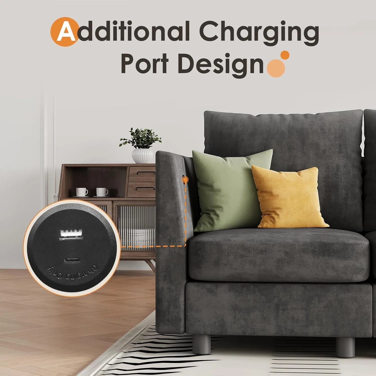 106'' Modular Sectional Sleeper Sofa Set, 8 Seats Sleeper Couch with Storage, U Shaped Sofa with USB Charging Port, Modern Comfy Chenille Couch for Living Room, Dark Grey