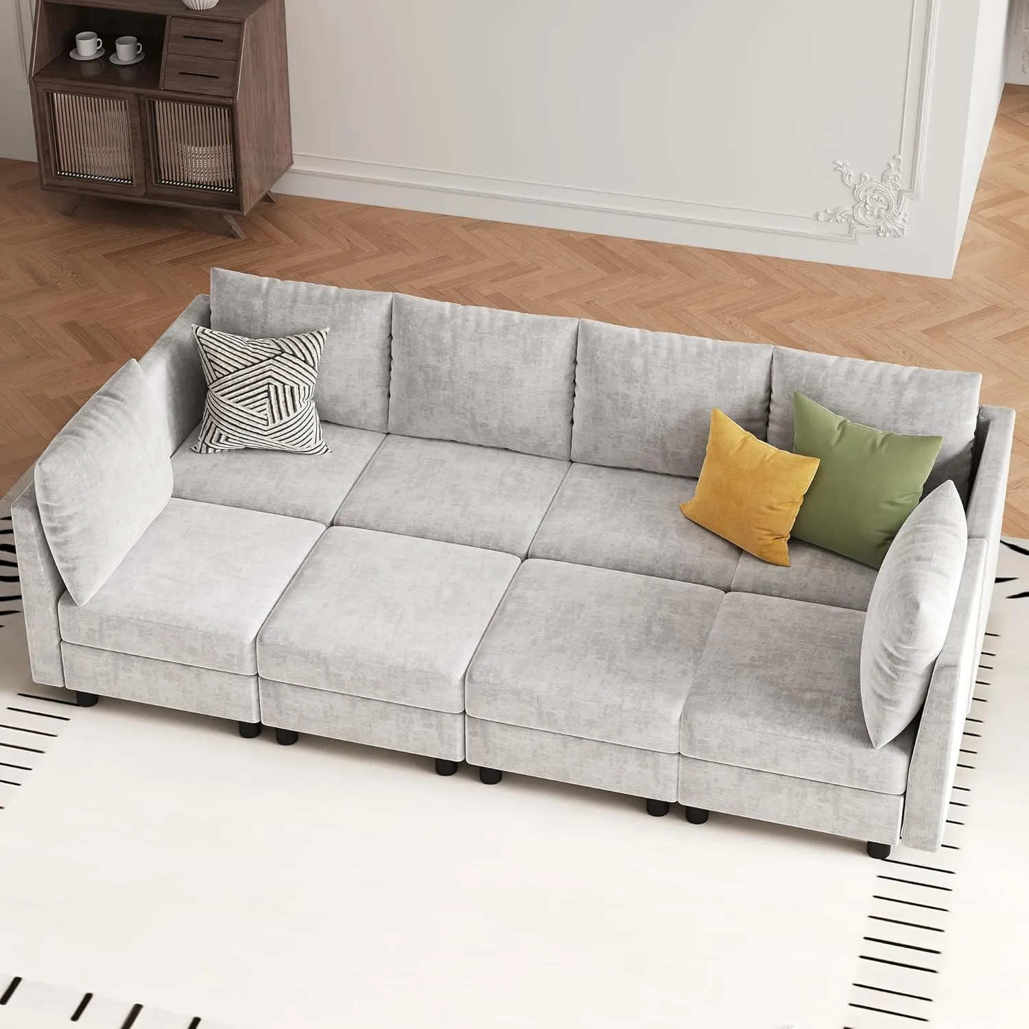 106'' Modular Sectional Sofa Sleeper Set, 8 Seats Sleeper Couch with Storage, U Shaped Sofa with USB Charging Port, Modern Comfy Chenille Couch for Living Room, Light Grey