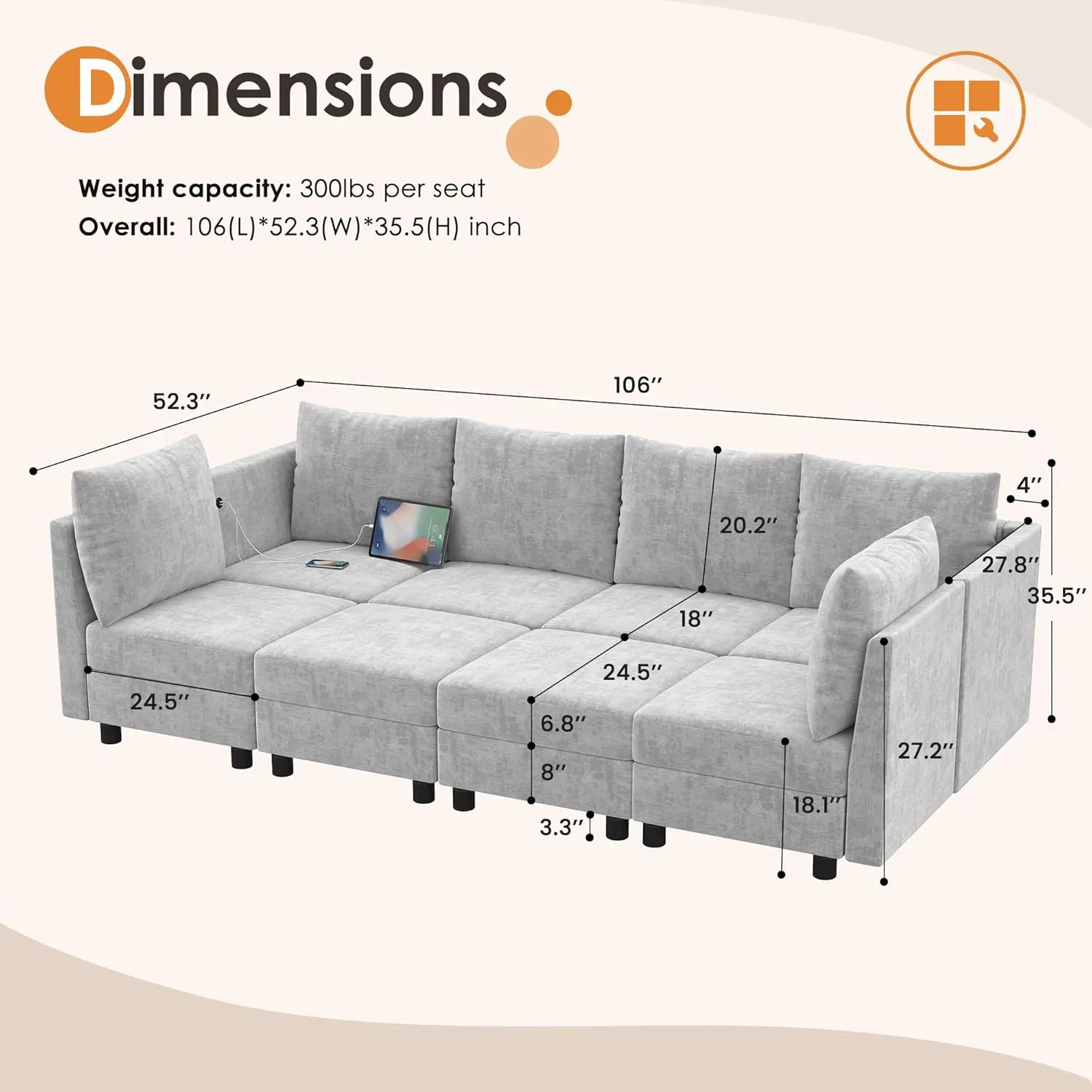106'' Modular Sectional Sofa Sleeper Set, 8 Seats Sleeper Couch with Storage, U Shaped Sofa with USB Charging Port, Modern Comfy Chenille Couch for Living Room, Light Grey