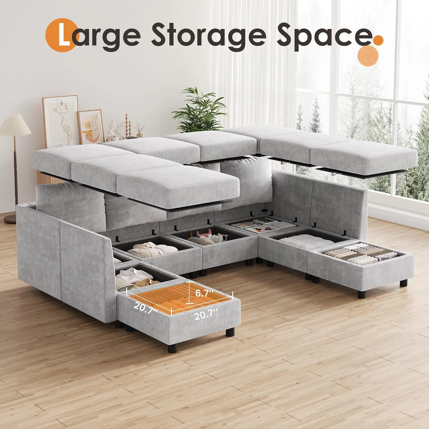 106'' Modular Sectional Sofa Sleeper Set, 8 Seats Sleeper Couch with Storage, U Shaped Sofa with USB Charging Port, Modern Comfy Chenille Couch for Living Room, Light Grey