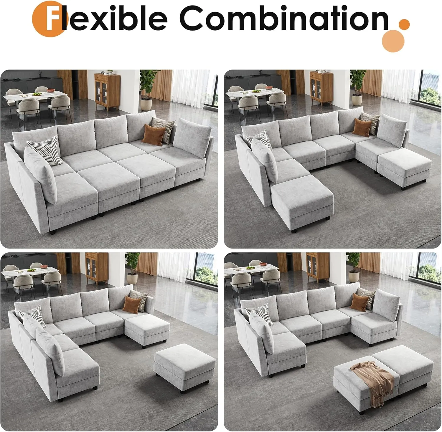 106'' Modular Sectional Sofa Sleeper Set, 8 Seats Sleeper Couch with Storage, U Shaped Sofa with USB Charging Port, Modern Comfy Chenille Couch for Living Room, Light Grey