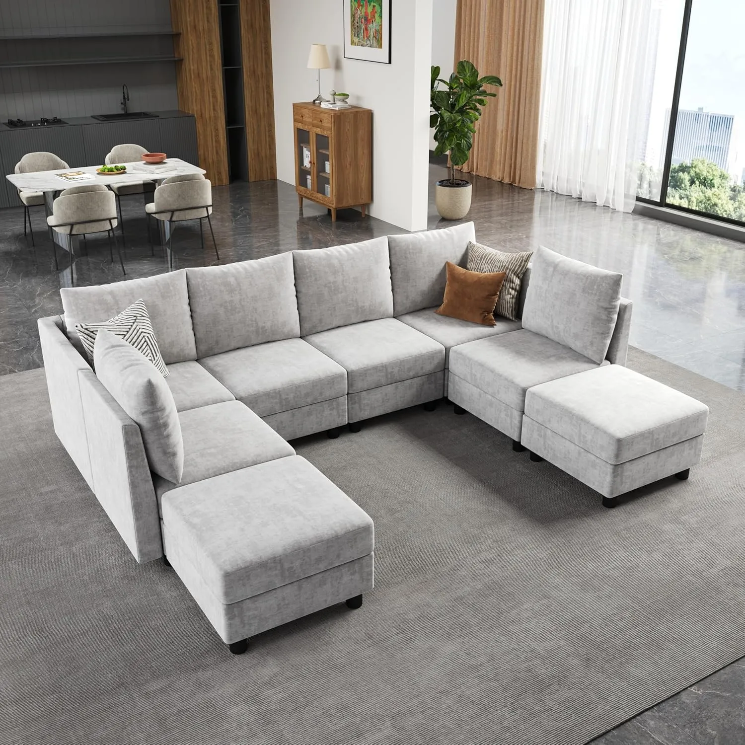 106'' Modular Sectional Sofa Sleeper Set, 8 Seats Sleeper Couch with Storage, U Shaped Sofa with USB Charging Port, Modern Comfy Chenille Couch for Living Room, Light Grey