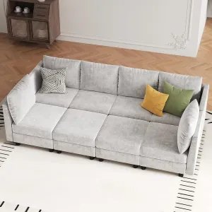 106'' Modular Sectional Sofa Sleeper Set, 8 Seats Sleeper Couch with Storage, U Shaped Sofa with USB Charging Port, Modern Comfy Chenille Couch for Living Room, Light Grey