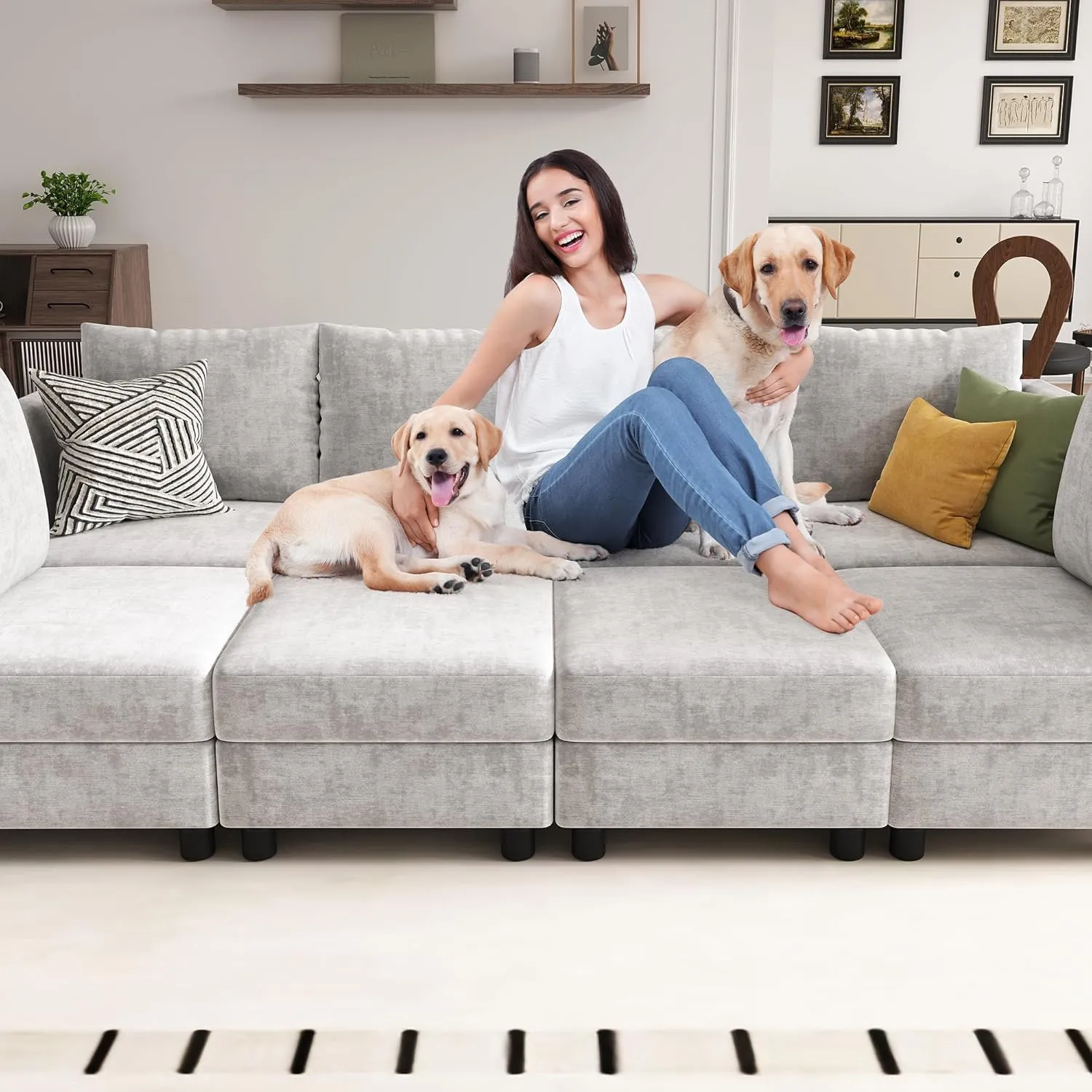 106'' Modular Sectional Sofa Sleeper Set, 8 Seats Sleeper Couch with Storage, U Shaped Sofa with USB Charging Port, Modern Comfy Chenille Couch for Living Room, Light Grey