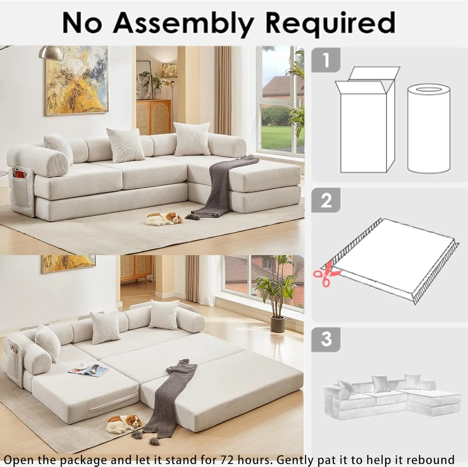 107" L-Shaped Convertible Modular Sofa Bed with Pillow, Corduroy 7-in-1 Folding Floor Couch Sleeper with Fixed Frame & Storage Pocket, No Assembly, for Living Room Bedroom Studio (Beige, 107in)