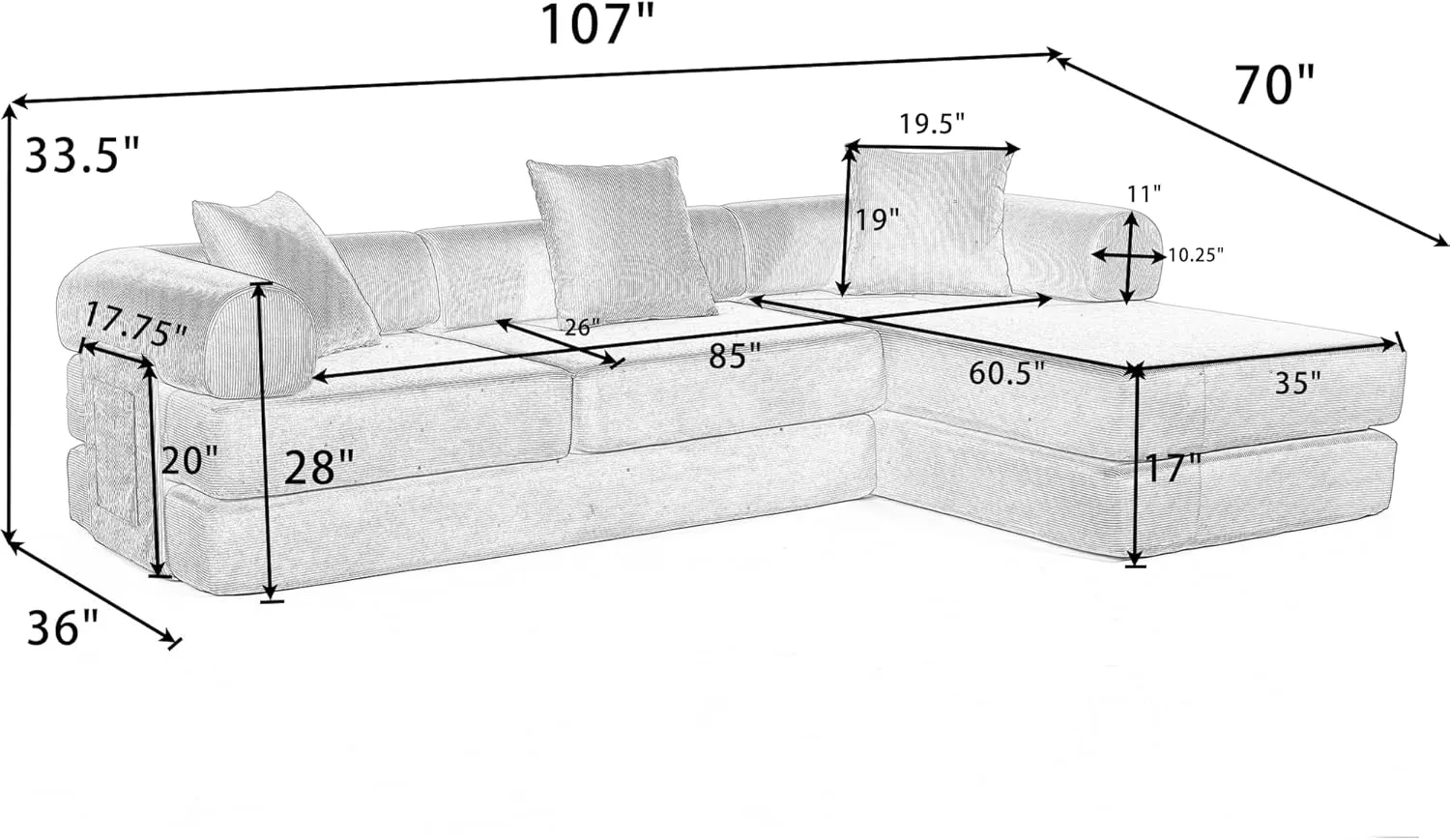 107" L-Shaped Convertible Modular Sofa Bed with Pillow, Corduroy 7-in-1 Folding Floor Couch Sleeper with Fixed Frame & Storage Pocket, No Assembly, for Living Room Bedroom Studio (Beige, 107in)