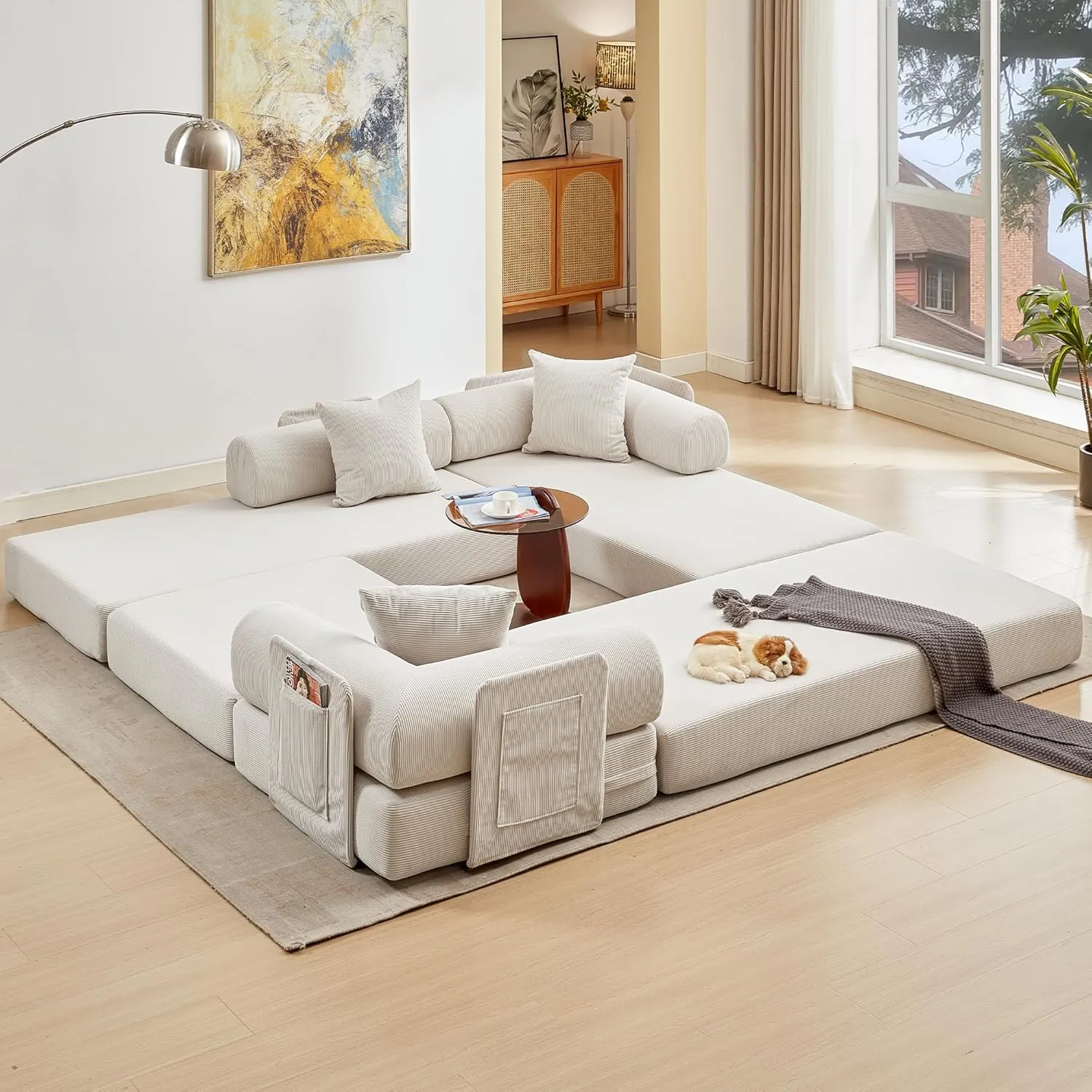 107" L-Shaped Convertible Modular Sofa Bed with Pillow, Corduroy 7-in-1 Folding Floor Couch Sleeper with Fixed Frame & Storage Pocket, No Assembly, for Living Room Bedroom Studio (Beige, 107in)