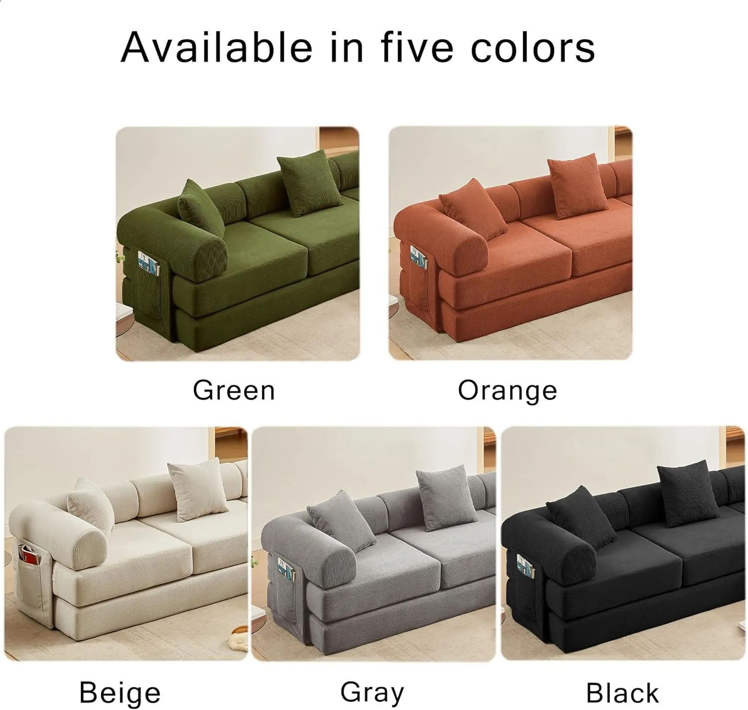 107" L-Shaped Convertible Modular Sofa Bed with Pillow, Corduroy 7-in-1 Folding Floor Couch Sleeper with Fixed Frame & Storage Pocket, No Assembly, for Living Room Bedroom Studio (Beige, 107in)