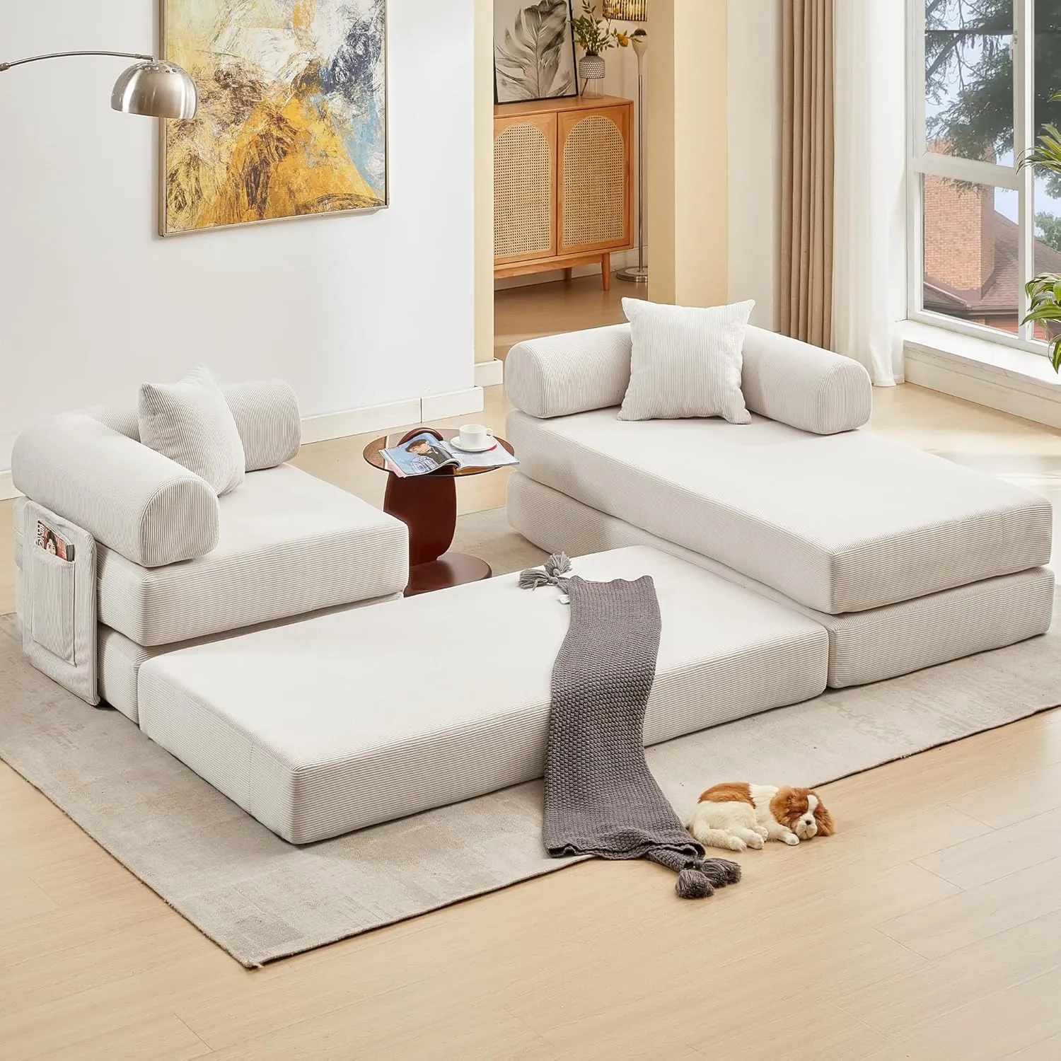 107" L-Shaped Convertible Modular Sofa Bed with Pillow, Corduroy 7-in-1 Folding Floor Couch Sleeper with Fixed Frame & Storage Pocket, No Assembly, for Living Room Bedroom Studio (Beige, 107in)