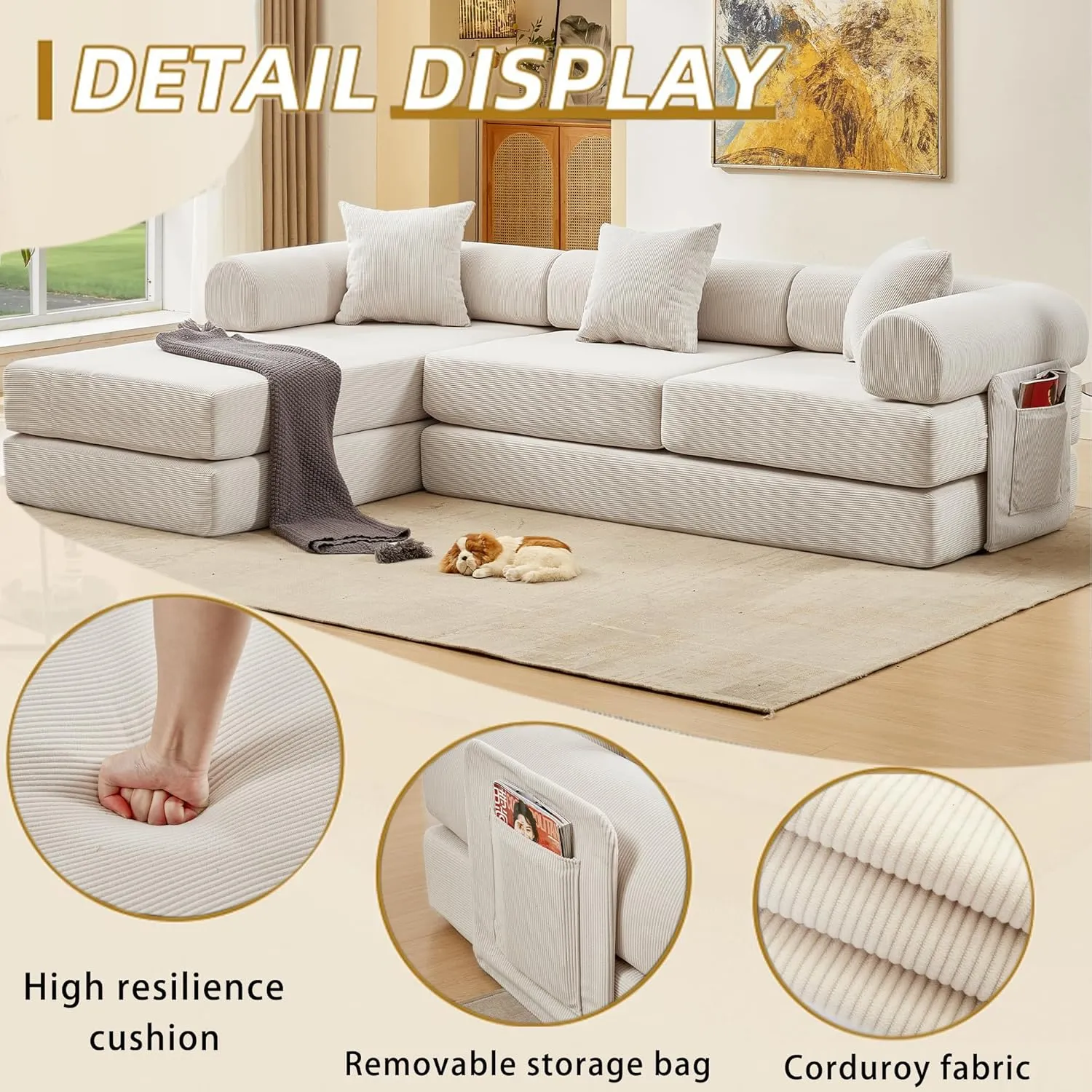 107" L-Shaped Convertible Modular Sofa Bed with Pillow, Corduroy 7-in-1 Folding Floor Couch Sleeper with Fixed Frame & Storage Pocket, No Assembly, for Living Room Bedroom Studio (Beige, 107in)
