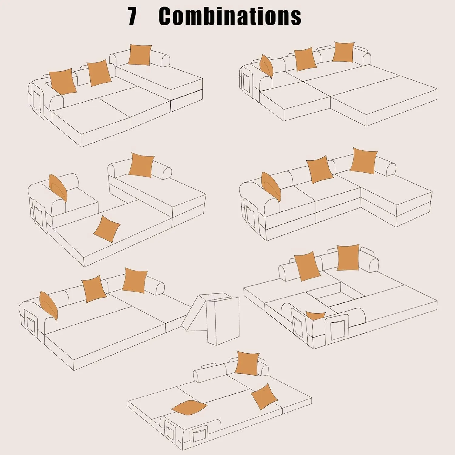 107" L-Shaped Convertible Modular Sofa Bed with Pillow, Corduroy 7-in-1 Folding Floor Couch Sleeper with Fixed Frame & Storage Pocket, No Assembly, for Living Room Bedroom Studio (Beige, 107in)