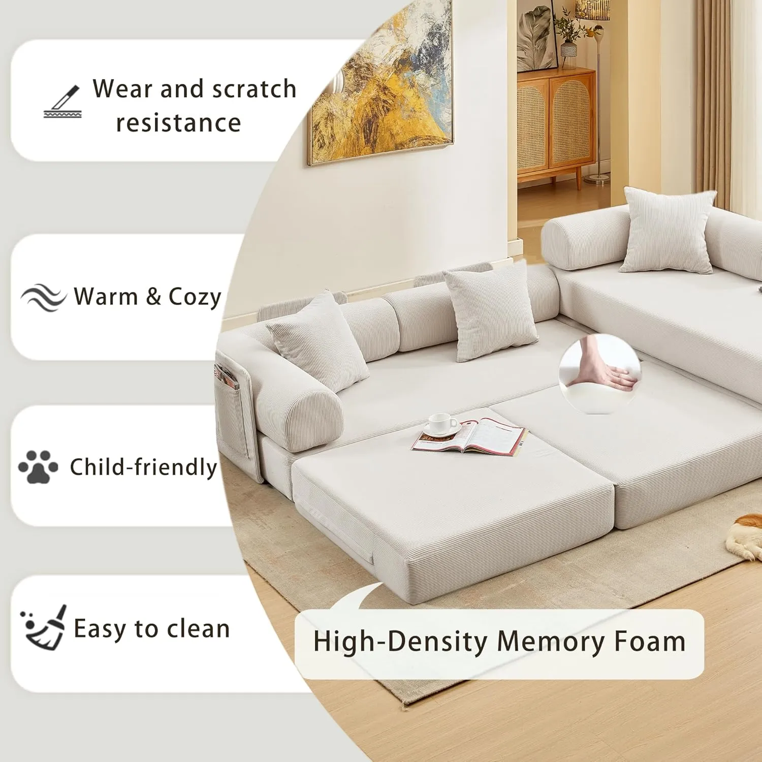 107" L-Shaped Convertible Modular Sofa Bed with Pillow, Corduroy 7-in-1 Folding Floor Couch Sleeper with Fixed Frame & Storage Pocket, No Assembly, for Living Room Bedroom Studio (Beige, 107in)