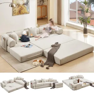 107" L-Shaped Convertible Modular Sofa Bed with Pillow, Corduroy 7-in-1 Folding Floor Couch Sleeper with Fixed Frame & Storage Pocket, No Assembly, for Living Room Bedroom Studio (Beige, 107in)