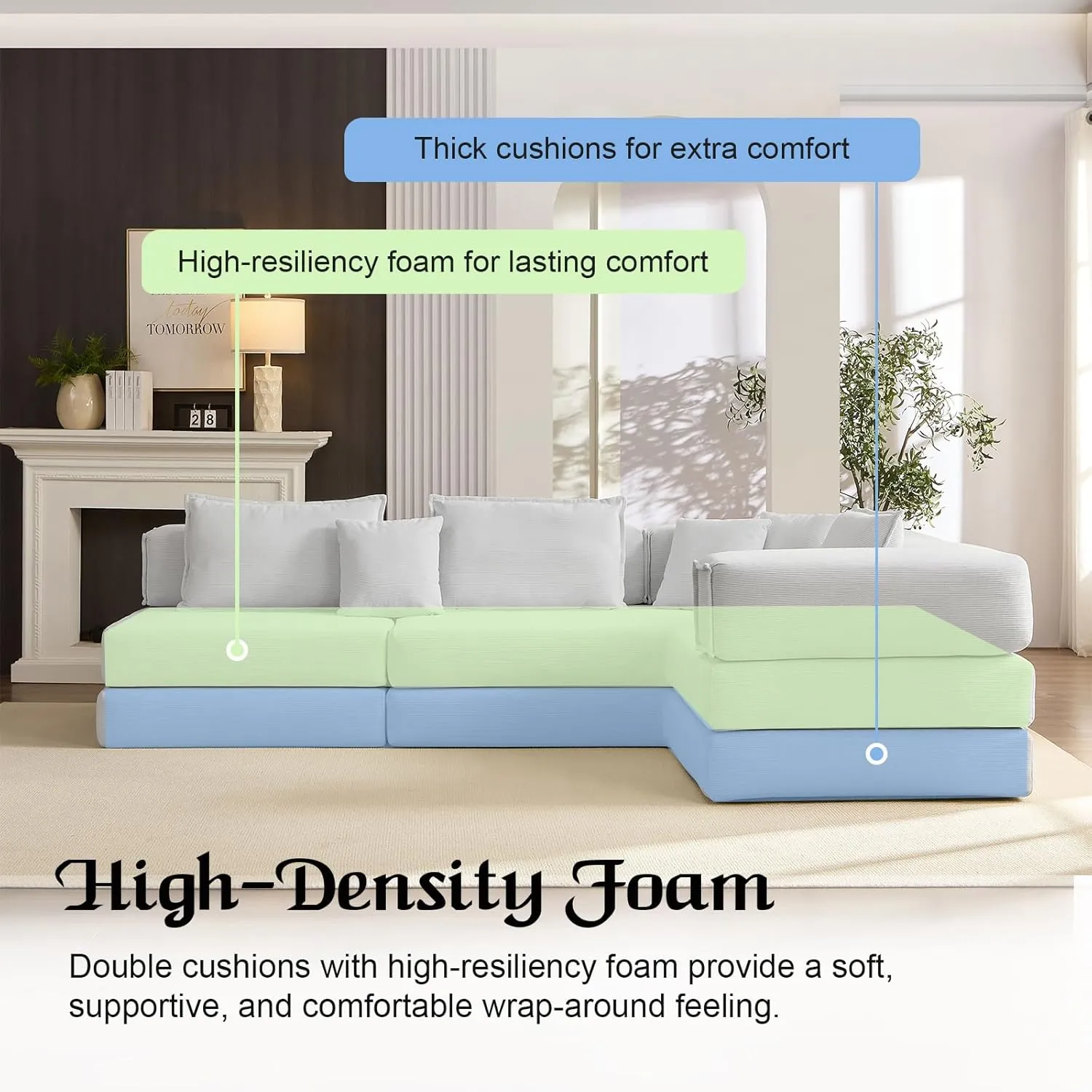 118.2'' Cloud Couch with L-Shaped, 6-in-1 Deep Seat Corduroy Modular Sectional Sofa, 2025 Upgraded Upholstered Memory Foam Couches for Living Room, No Assembly Required, DIY Combination (White)