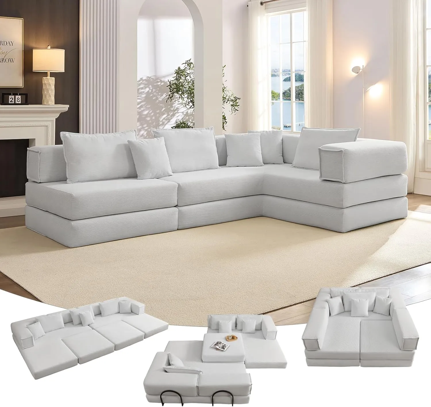 118.2'' Cloud Couch with L-Shaped, 6-in-1 Deep Seat Corduroy Modular Sectional Sofa, 2025 Upgraded Upholstered Memory Foam Couches for Living Room, No Assembly Required, DIY Combination (White)