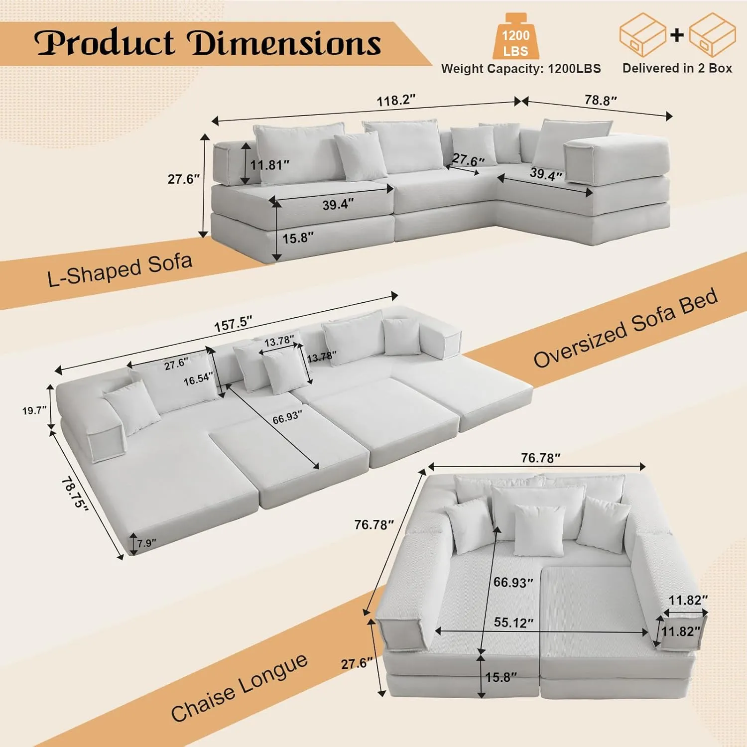 118.2'' Cloud Couch with L-Shaped, 6-in-1 Deep Seat Corduroy Modular Sectional Sofa, 2025 Upgraded Upholstered Memory Foam Couches for Living Room, No Assembly Required, DIY Combination (White)