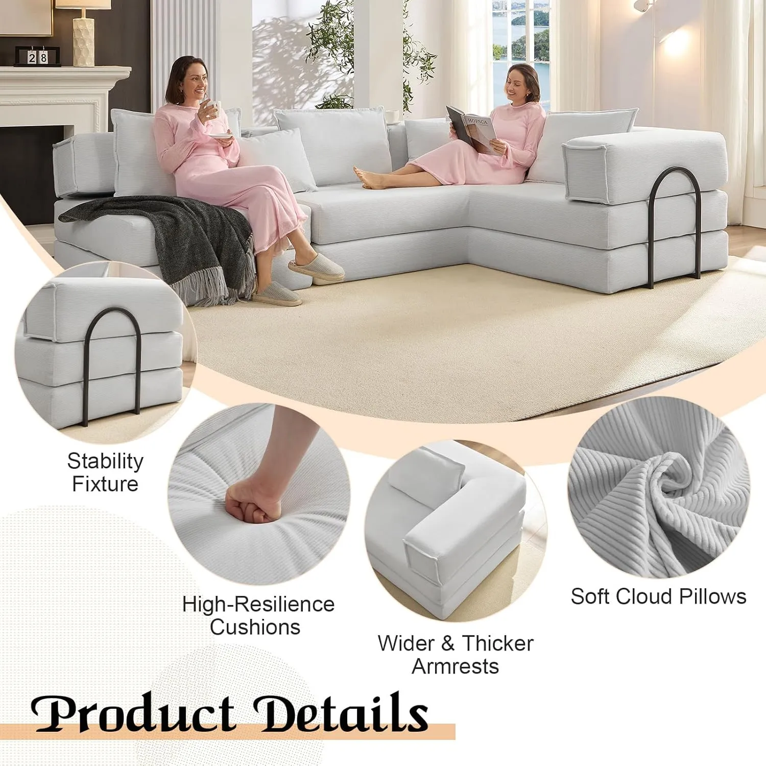 118.2'' Cloud Couch with L-Shaped, 6-in-1 Deep Seat Corduroy Modular Sectional Sofa, 2025 Upgraded Upholstered Memory Foam Couches for Living Room, No Assembly Required, DIY Combination (White)