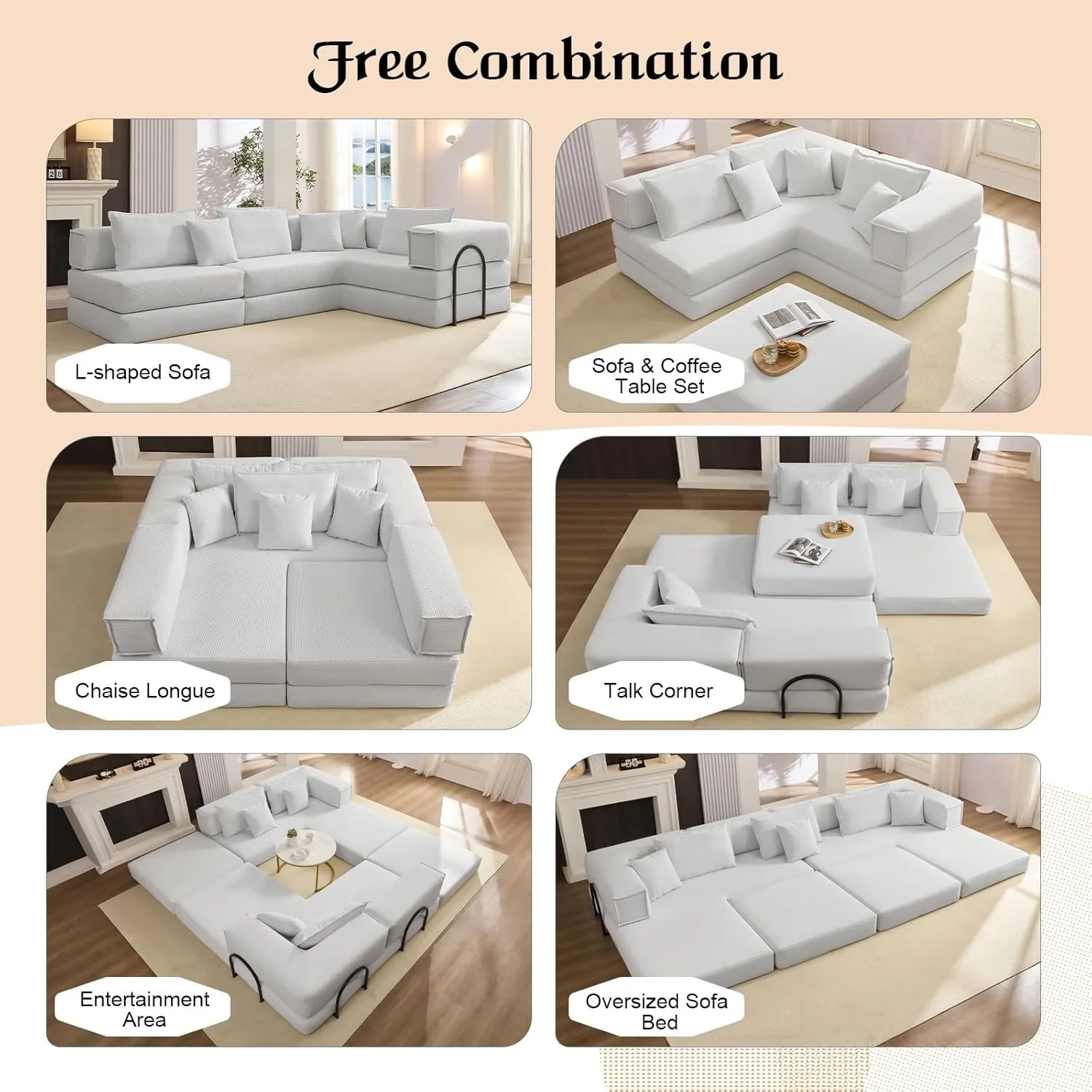 118.2'' Cloud Couch with L-Shaped, 6-in-1 Deep Seat Corduroy Modular Sectional Sofa, 2025 Upgraded Upholstered Memory Foam Couches for Living Room, No Assembly Required, DIY Combination (White)