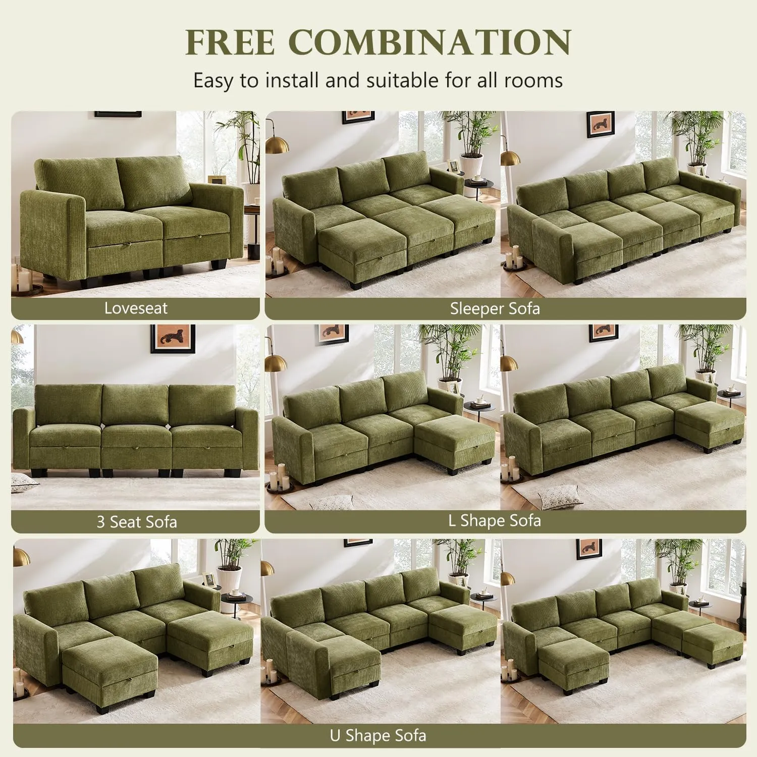 118" Modular Sectional Couches for Living Room, No Compressed No Sagging, 6 Seat Sofa Couch with Storage, Easy to Install - Corduroy Green