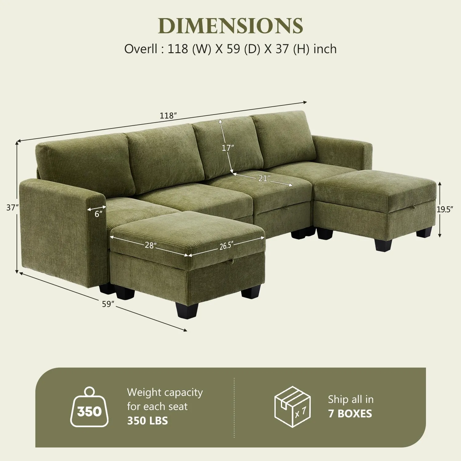 118" Modular Sectional Couches for Living Room, No Compressed No Sagging, 6 Seat Sofa Couch with Storage, Easy to Install - Corduroy Green